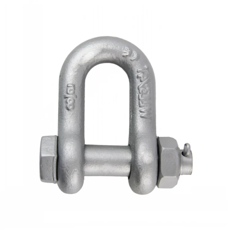Silver metal bow shackle with bolt and nut closure on white background