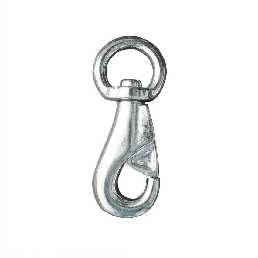 Galvanized steel swivel-eye snap hook with spring latch, isolated on a plain white background