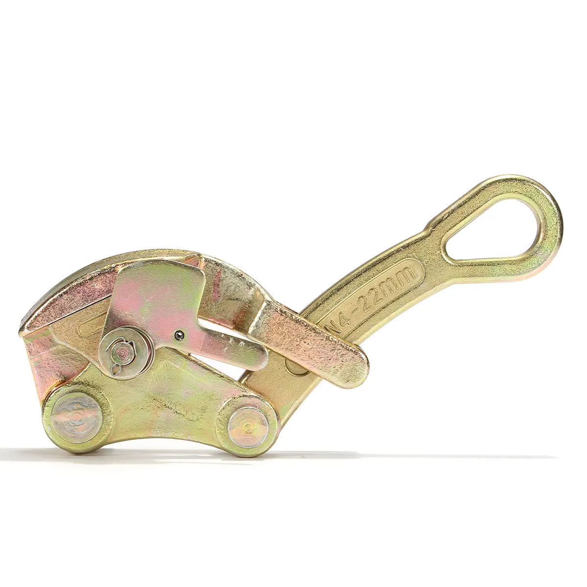 Gold-toned steel wire rope grip clamp with a handle and an eyelet end, marked 22mm, on a white background