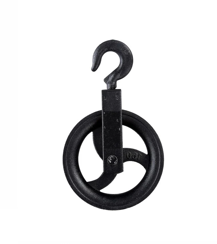 Black metal pulley wheel with swivel hook, isolated on a plain white background