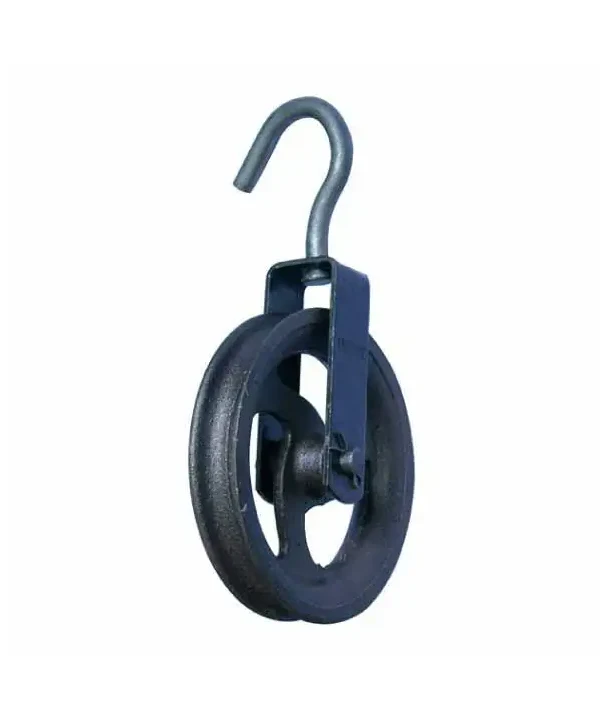 Black metal pulley wheel with steel mounting bracket and hook, shown in side view on a plain white background