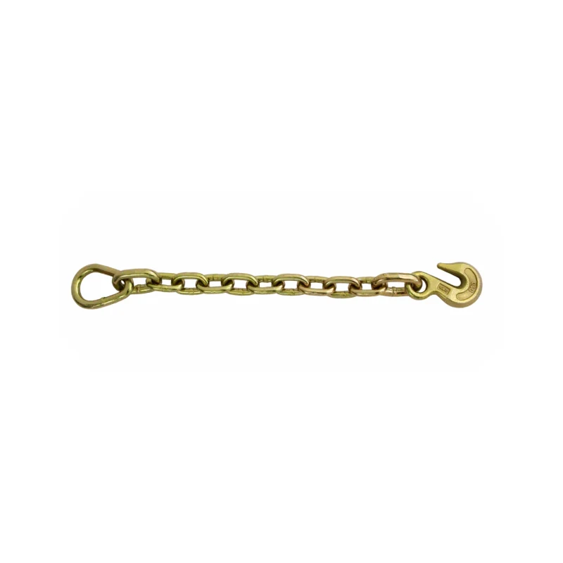 Brass chain assembly with eye loop on left and S-hook on right against white background