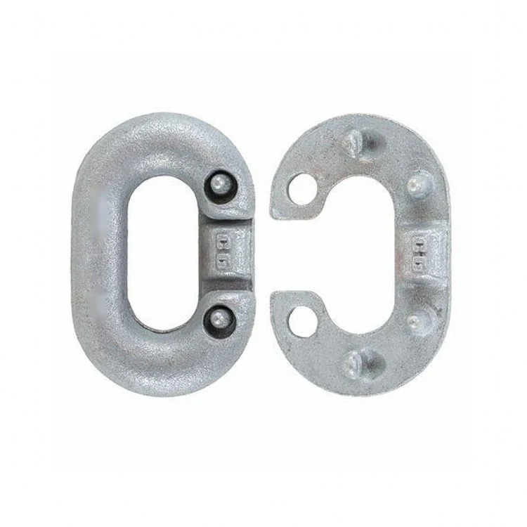 Two galvanized steel chain coupling links, one closed oval link with pins and one open C-shaped link, on a white background