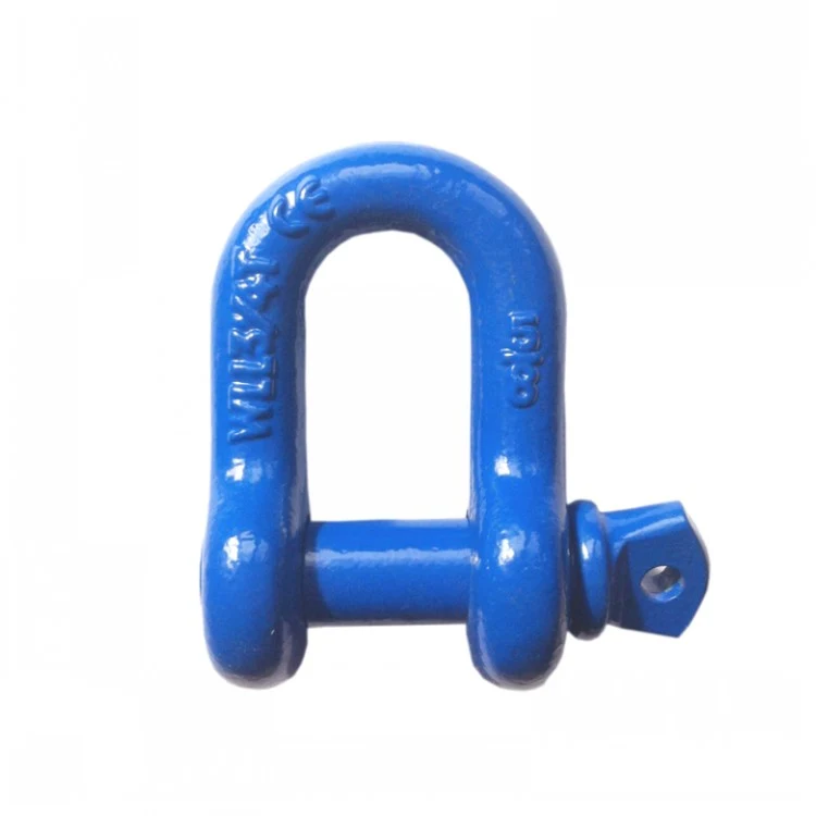 Blue painted metal bow shackle with a bolt and nut closure on a white background