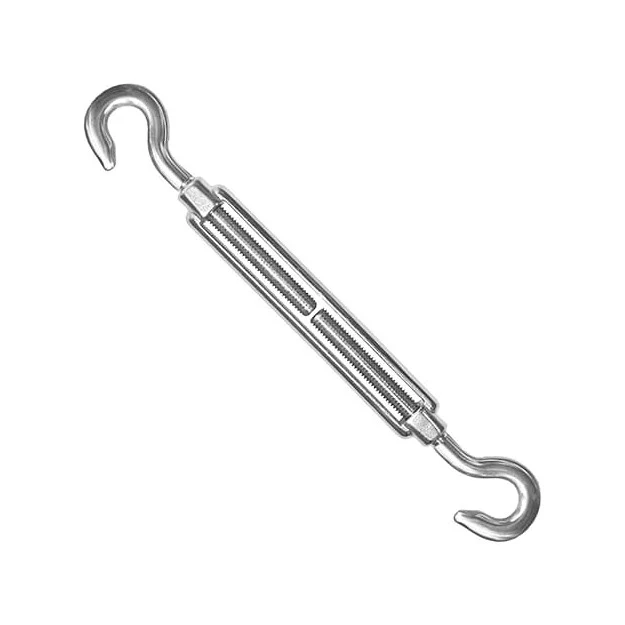 Metal hook-and-hook turnbuckle with open body and threaded ends, shown diagonally on a white background