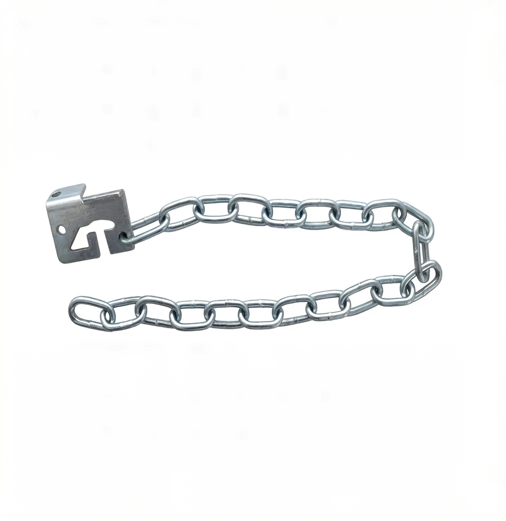 Galvanized steel chain attached to a metal mounting bracket, isolated on a white background
