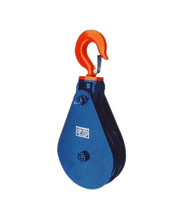 Blue industrial pulley block with orange swivel hook and side label on white background