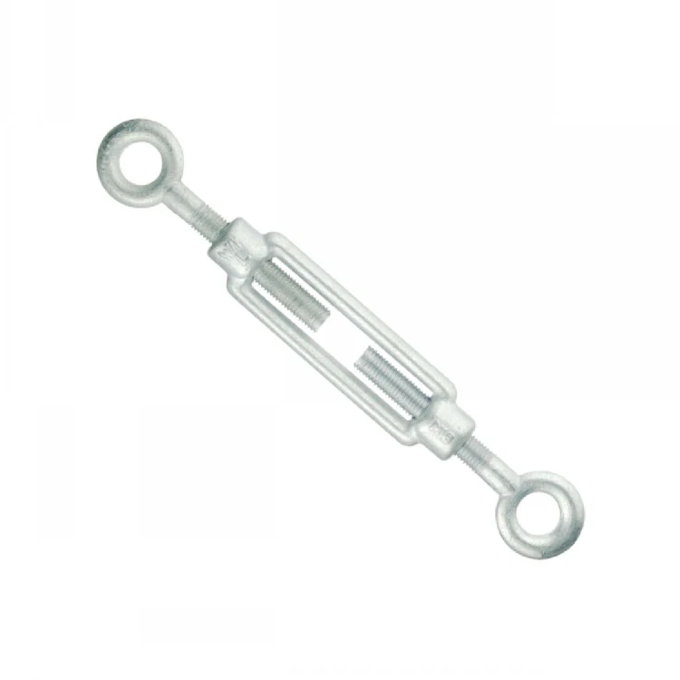 Galvanized steel eye-and-eye turnbuckle displayed diagonally on a plain white background