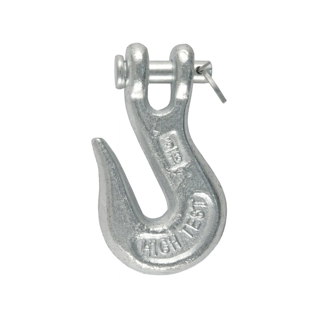 Galvanized steel clevis grab hook with cotter pin and embossed HIGH TEST marking, on white background