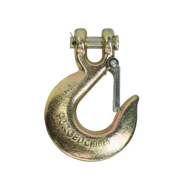 Gold zinc-plated forged clevis sling hook with spring safety latch on a white background