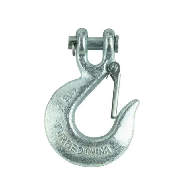 A galvanized metal swivel lifting hook with a safety latch against a white background