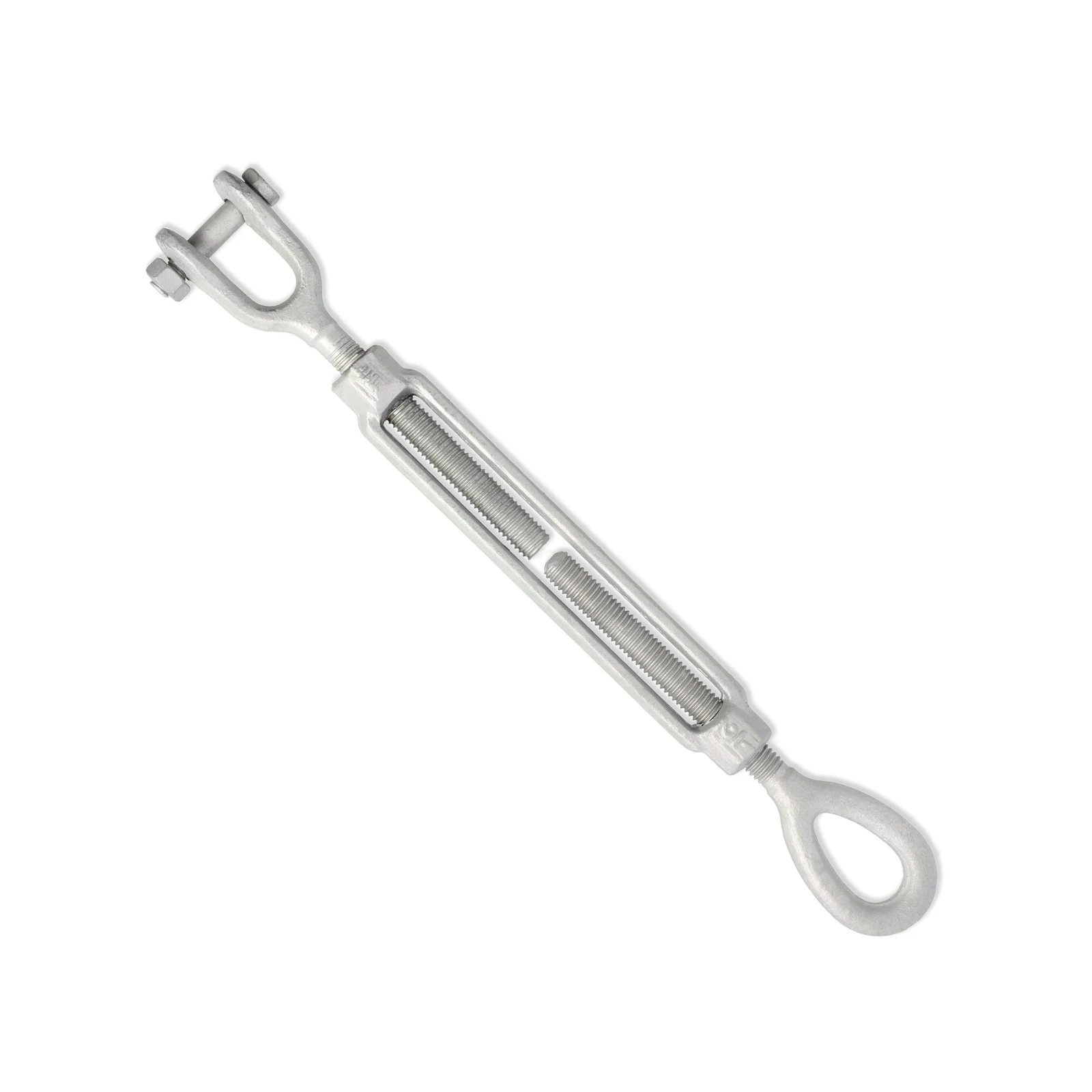 Silver eye to clevis turnbuckle with open threaded body on white background