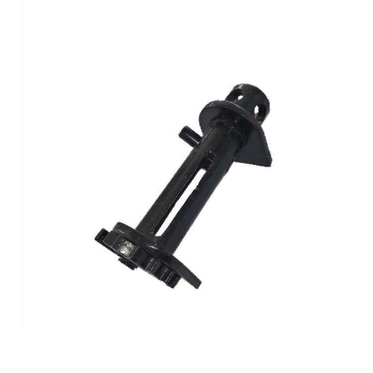 Black plastic mechanical component with slotted cylindrical body, mounting flanges, and toothed base on a white background