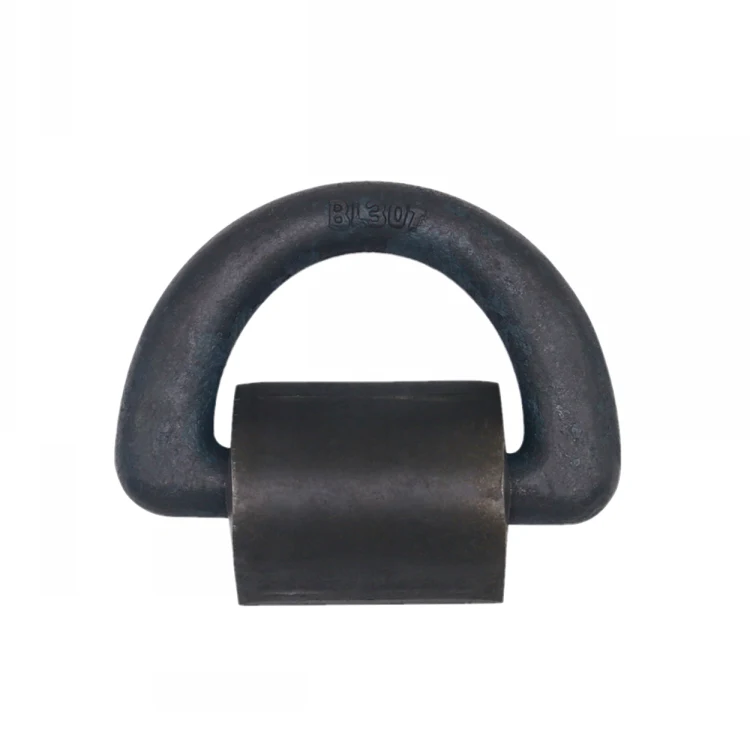 Black metal lifting shackle with rectangular base against white background