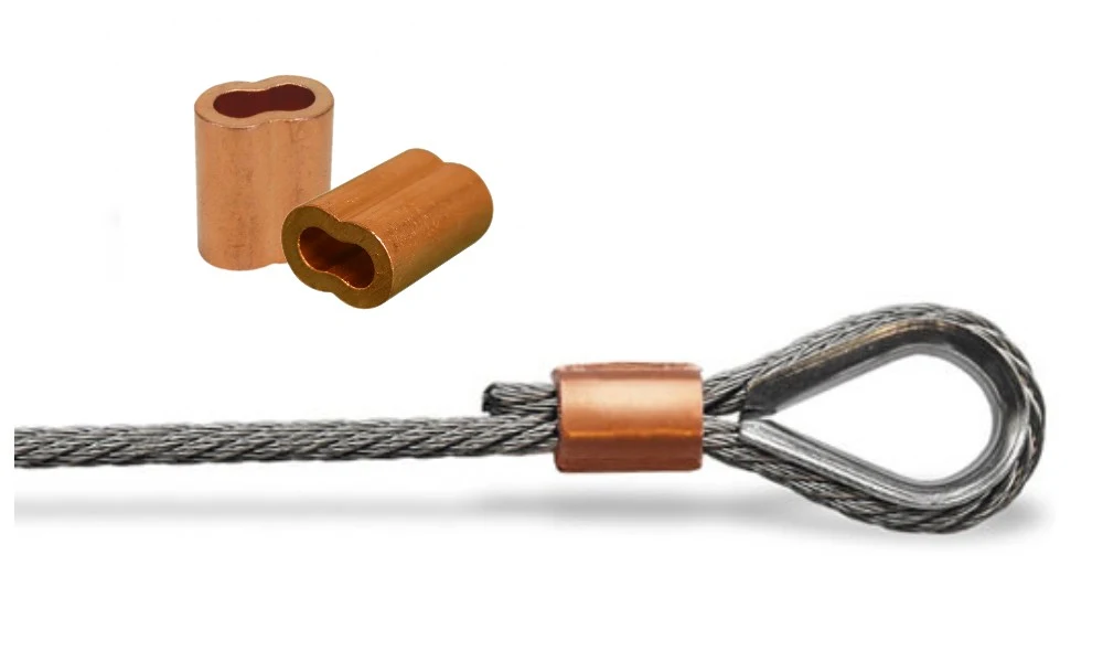 Copper wire rope ferrules above a steel cable eye termination swaged with a copper sleeve
