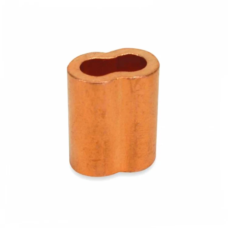 Copper-colored metal ferrule sleeve with figure-eight shaped opening, isolated on white background