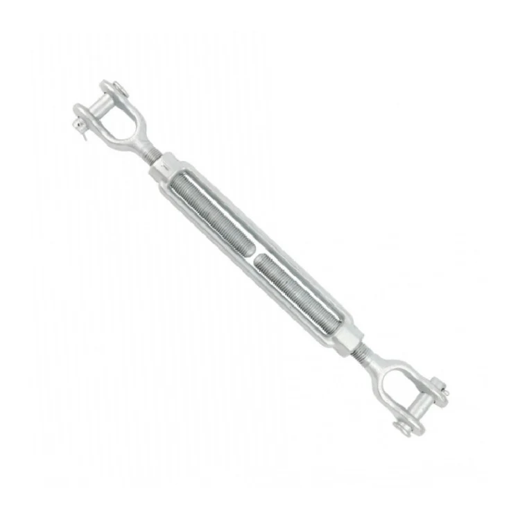 Galvanized steel turnbuckle with jaw end fittings shown diagonally on a white background