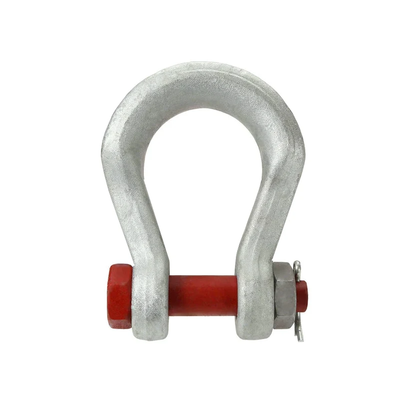 Galvanized steel bow shackle with red pin, hex nut and cotter pin, isolated on white background