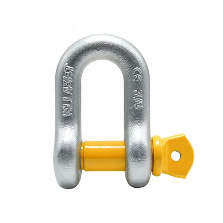 Galvanized steel bow shackle with a yellow pin, featuring size and brand markings on a white background