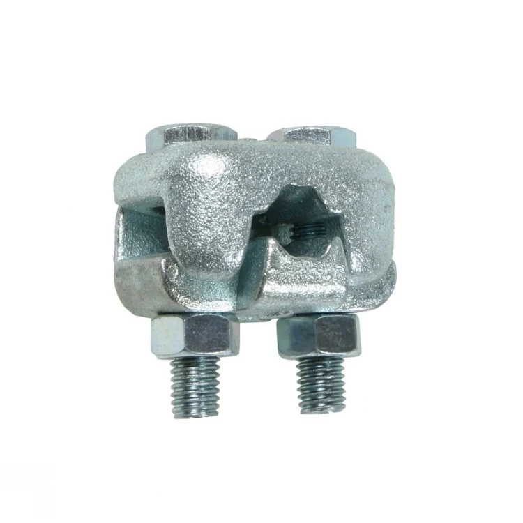 Galvanized steel wire rope clip with U-bolt, two threaded rods and hex nuts, on white background