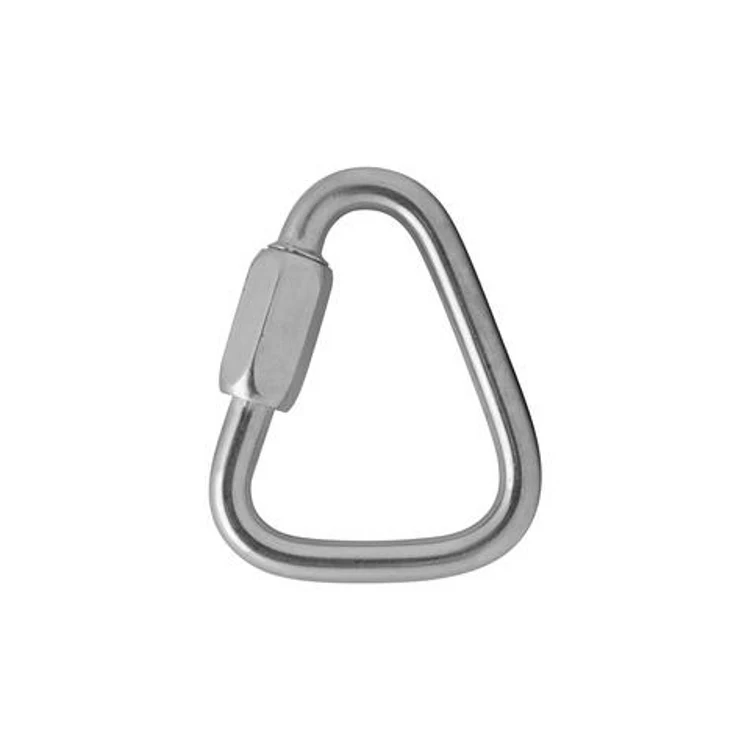 Silver steel delta quick link carabiner with threaded sleeve nut on white background