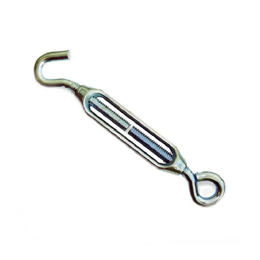 Metal hook and eye turnbuckle with threaded body on a plain white background
