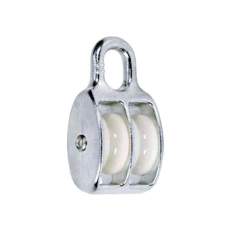 Double wheel nylon fixed pulley with a metal frame and two white sheaves