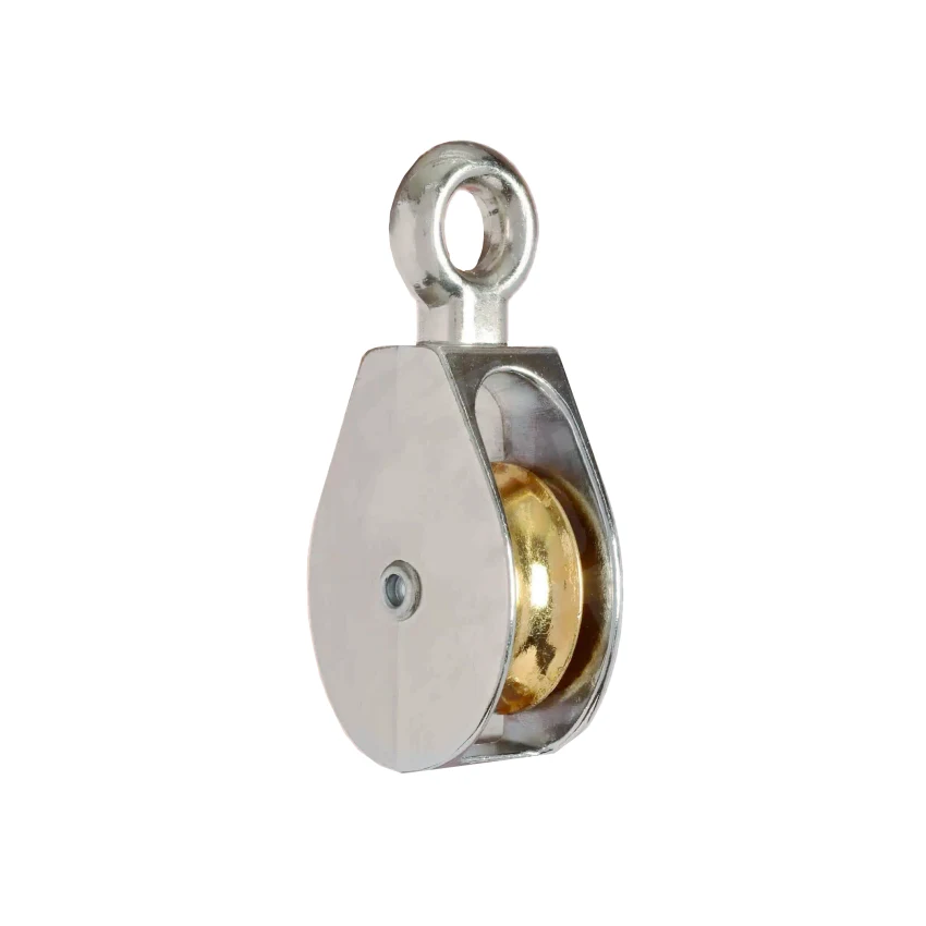 Die cast fixed eye pulley with a single metal wheel and a golden interior