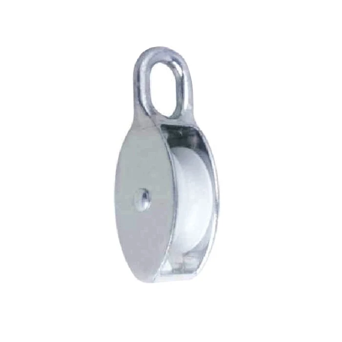 Fixed-eye single pulley block with metal shell and white nylon wheel, isolated on white background