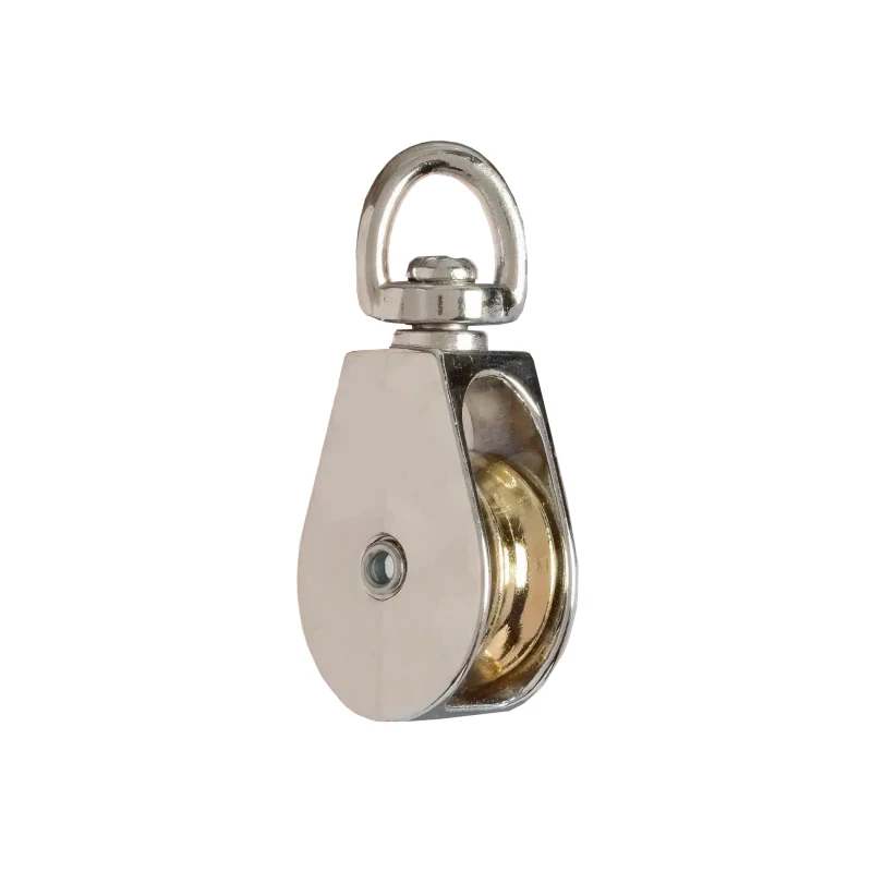 Nickel-plated pulley block with brass sheave and swivel ring eye, isolated on a white background