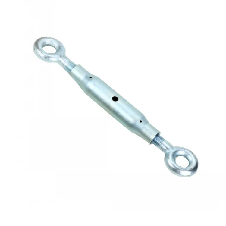 Galvanized steel eye-and-eye turnbuckle with threaded ends lying diagonally on a white background