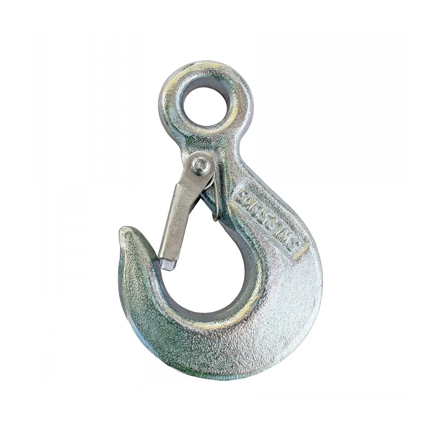 Galvanized steel eye sling hook with spring safety latch, forged markings visible, on white background