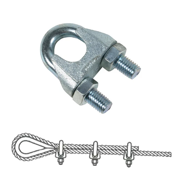 Galvanized wire rope clip with two nuts and a schematic diagram below