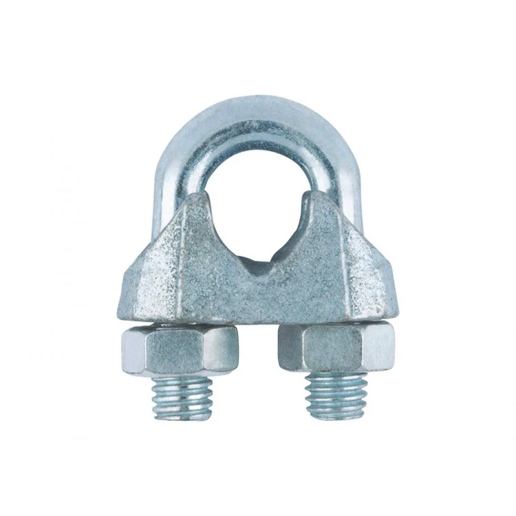 Galvanized wire rope clip with U-bolt, saddle, and two hex nuts on a white background