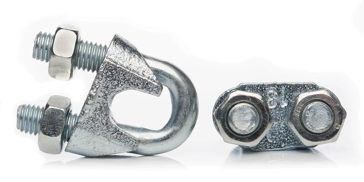 Galvanized U-bolt wire rope clamp shown from side and top angles