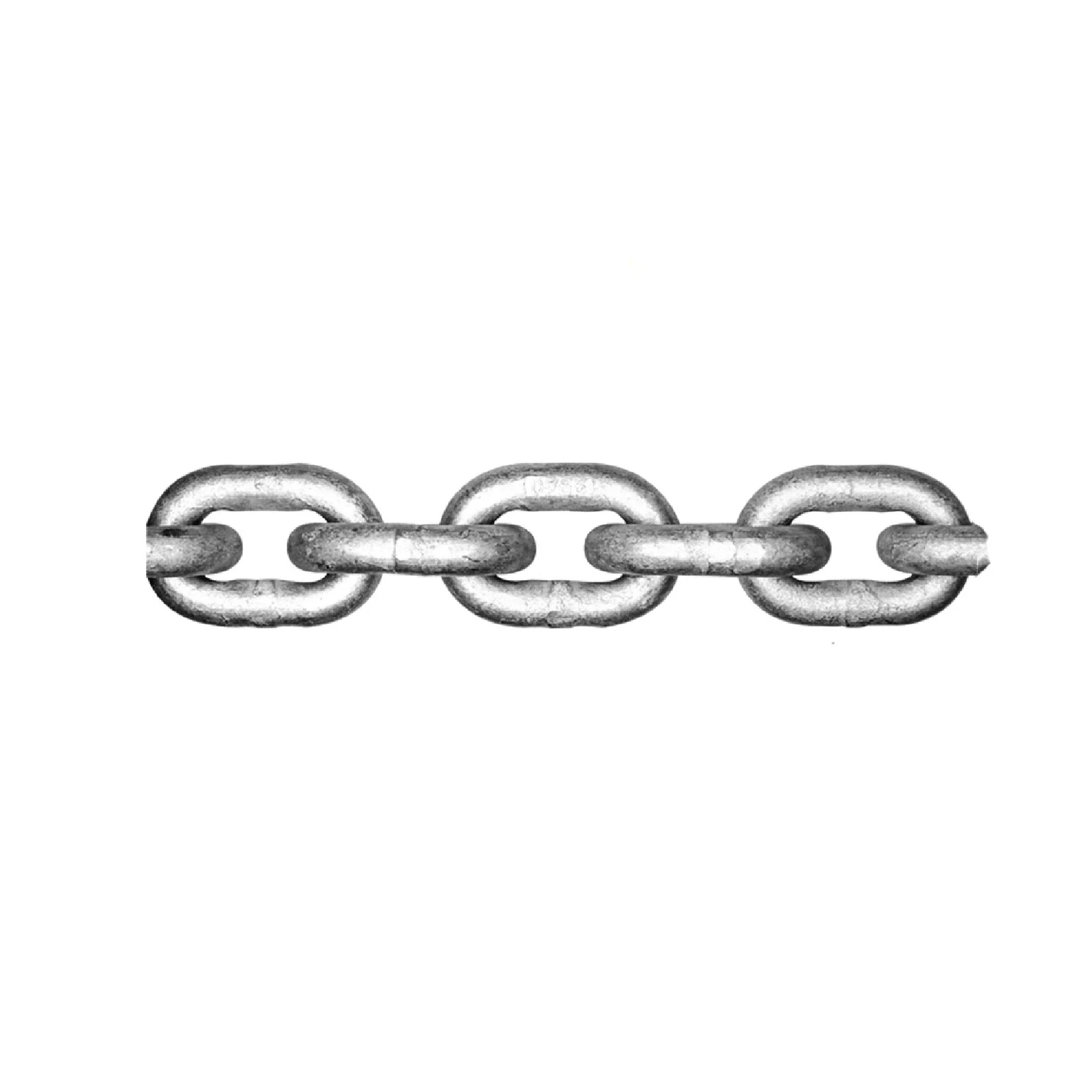 Short horizontal segment of galvanized steel link chain isolated on a plain white background