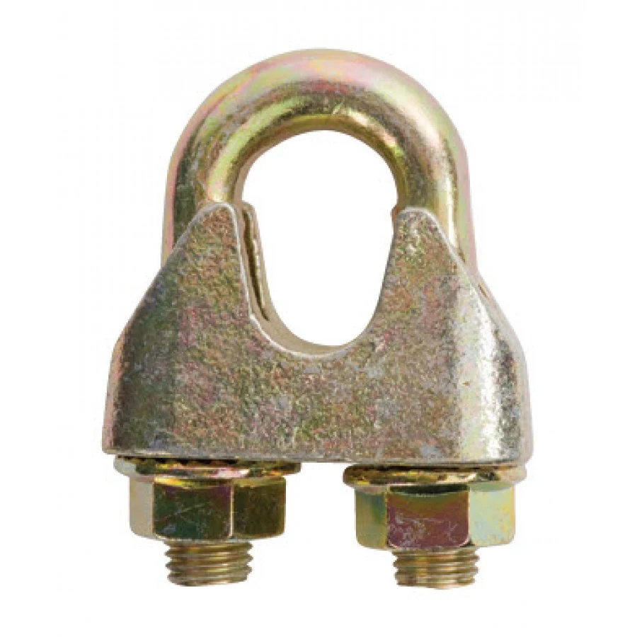 Galvanized wire rope clip with U-bolt, saddle, and two hex nuts on a white background