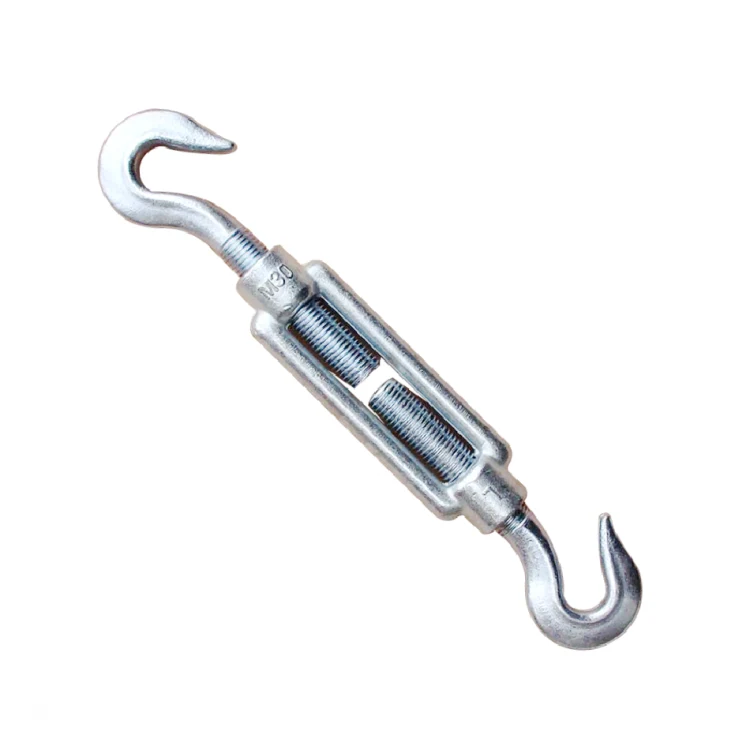 Silver forged hook and hook turnbuckle with central threaded body on white background