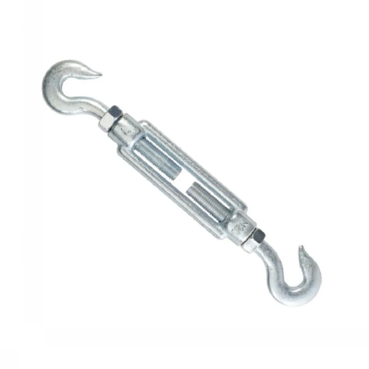 Galvanized steel hook-and-hook turnbuckle with threaded body and lock nuts, shown diagonally on a white background