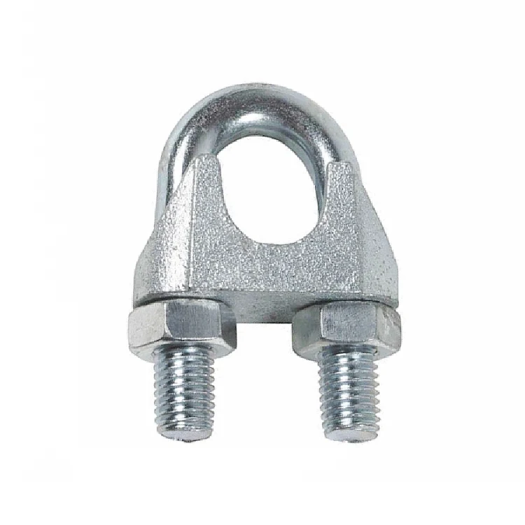 Galvanized steel U-bolt wire rope clip with saddle and two hex nuts, isolated on a white background