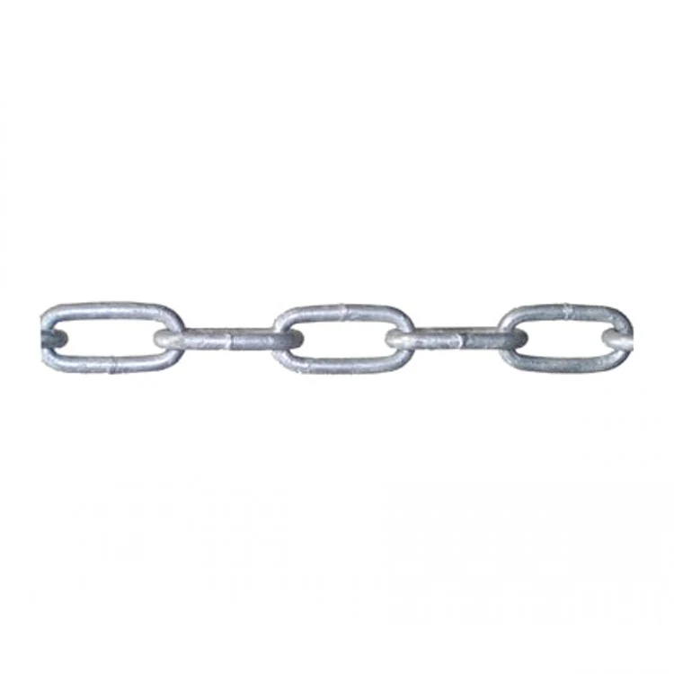 Galvanized steel chain with oval links lying horizontally on a plain white background