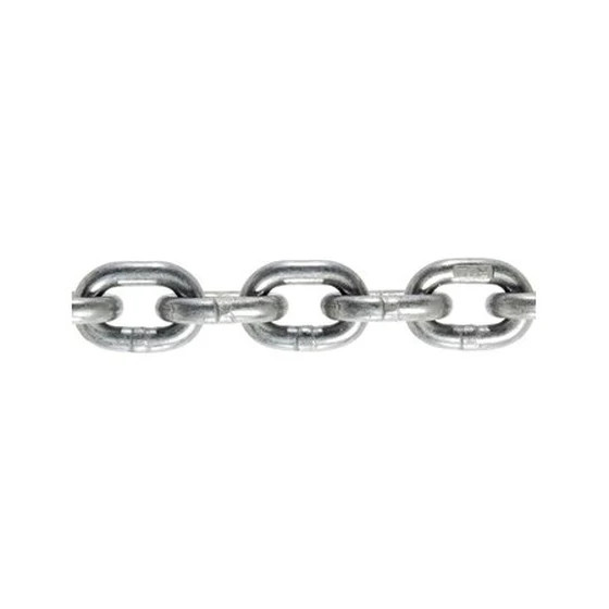 Three linked short oval chain segments with a galvanized finish on a white background