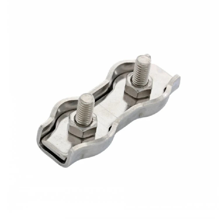Duplex wire rope clip in polished metal with two threaded bolts and hex nuts, shown on a white background