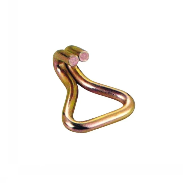 Yellow zinc-plated steel wire hook with triangular loop and twin prongs on white background