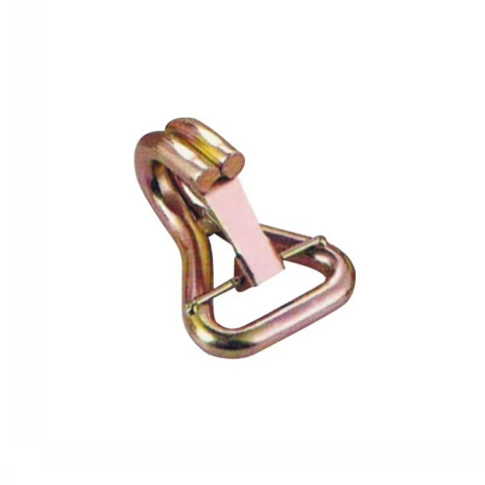 Zinc-plated steel wire hook with spring clip and triangular D-ring fitting, isolated on a white background