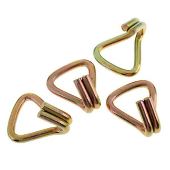 Four yellow zinc-plated steel wire hooks for tie-down straps arranged on a white background