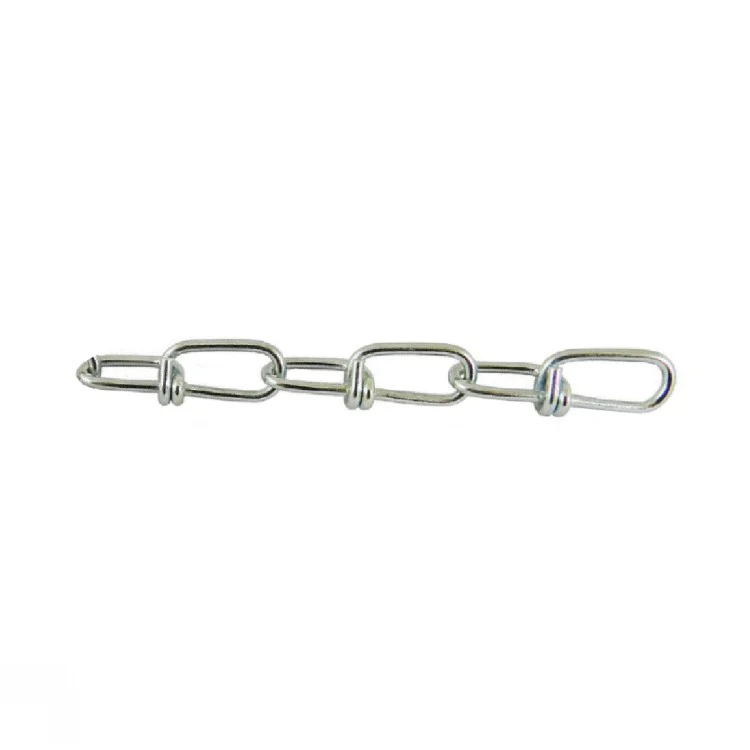 Galvanized steel double-loop chain with linked loops on a plain white background