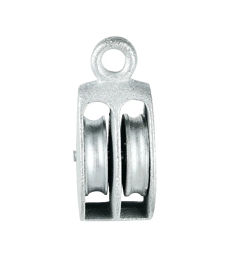 Double wheel awning pulley with fixed eye, cast iron steel finish on white background