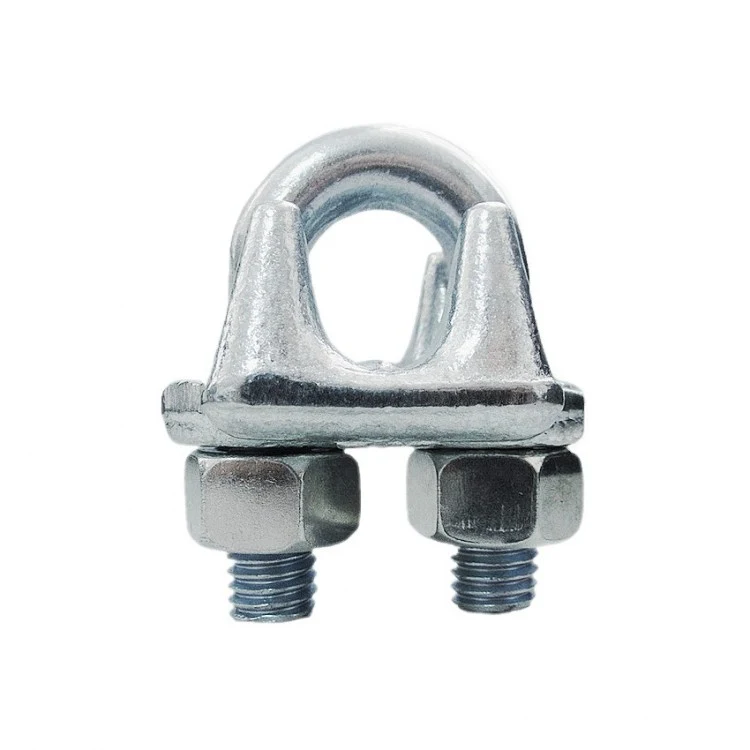 Galvanized steel wire rope clamp with U-bolt, saddle, and two hex nuts on white background