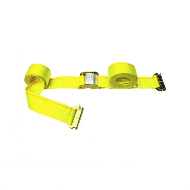 Yellow cam buckle tie-down strap with coiled webbing ends and metal fittings on a white background